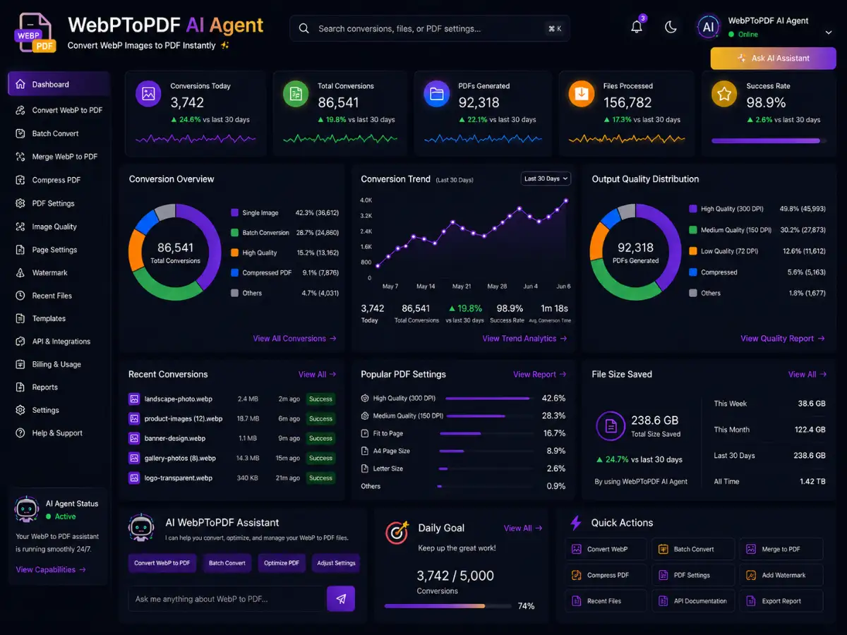 webptopdf.app AI WebP to PDF converter — WebP to PDF conversion and document export preview